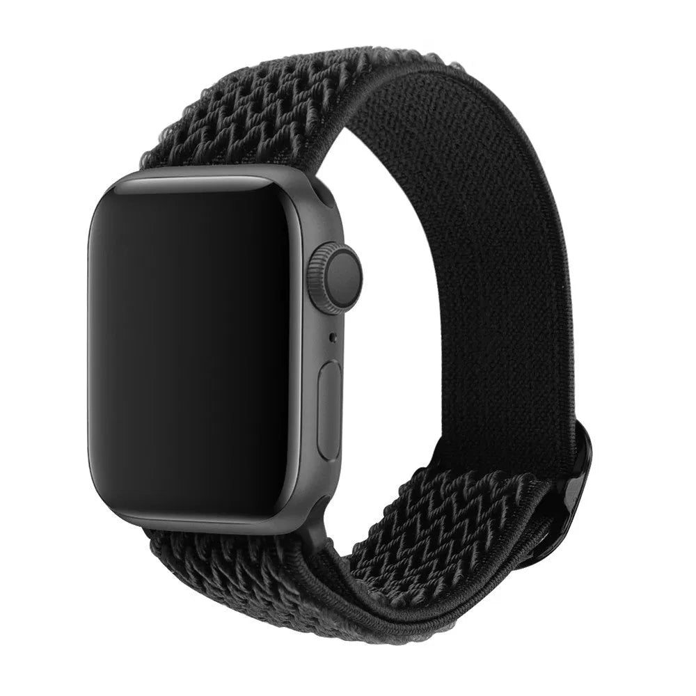 Braided nylon Apple Watch strap with a wave pattern, shown in a choice of colours on a wrist.