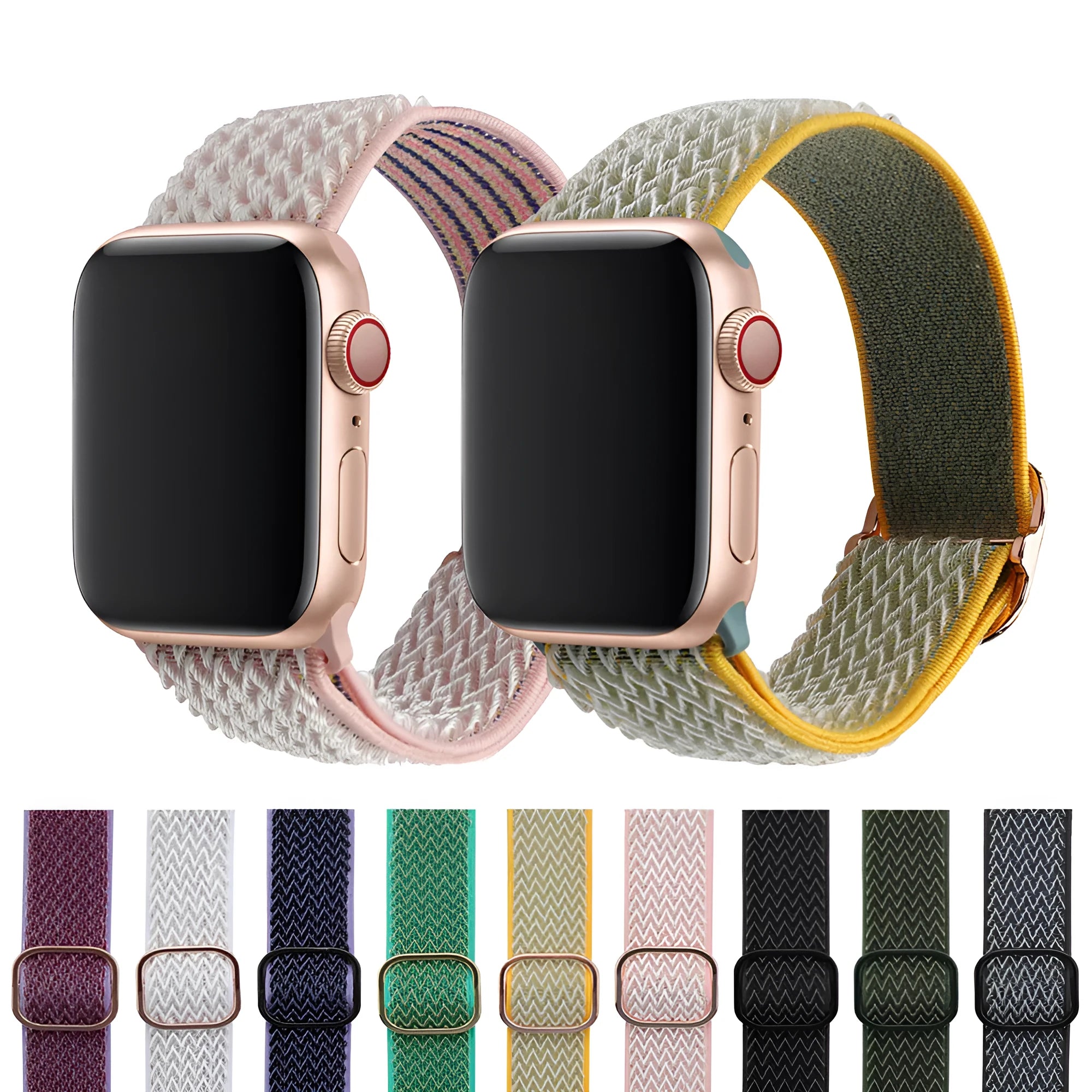 Braided nylon Apple Watch strap with a wave pattern, shown in a choice of colours on a wrist.