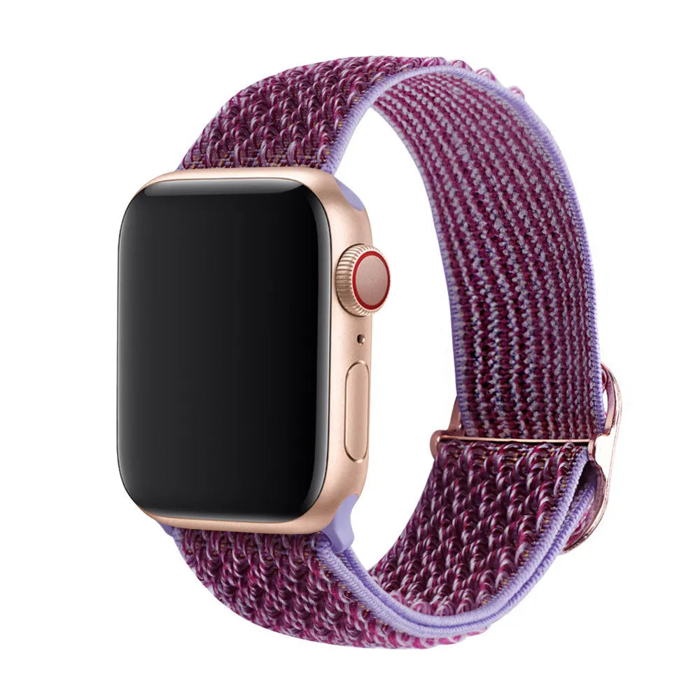 Braided nylon Apple Watch strap with a wave pattern, shown in a choice of colours on a wrist.