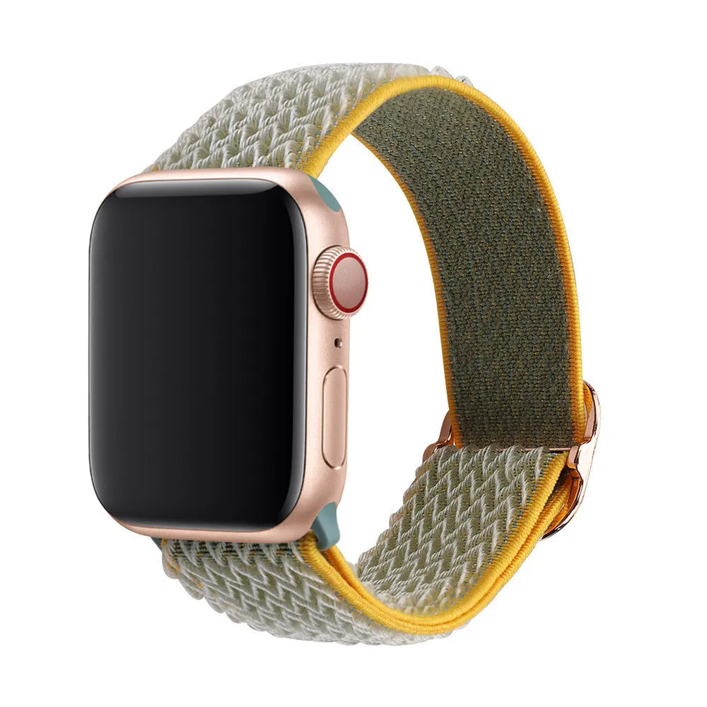 Braided nylon Apple Watch strap with a wave pattern, shown in a choice of colours on a wrist.