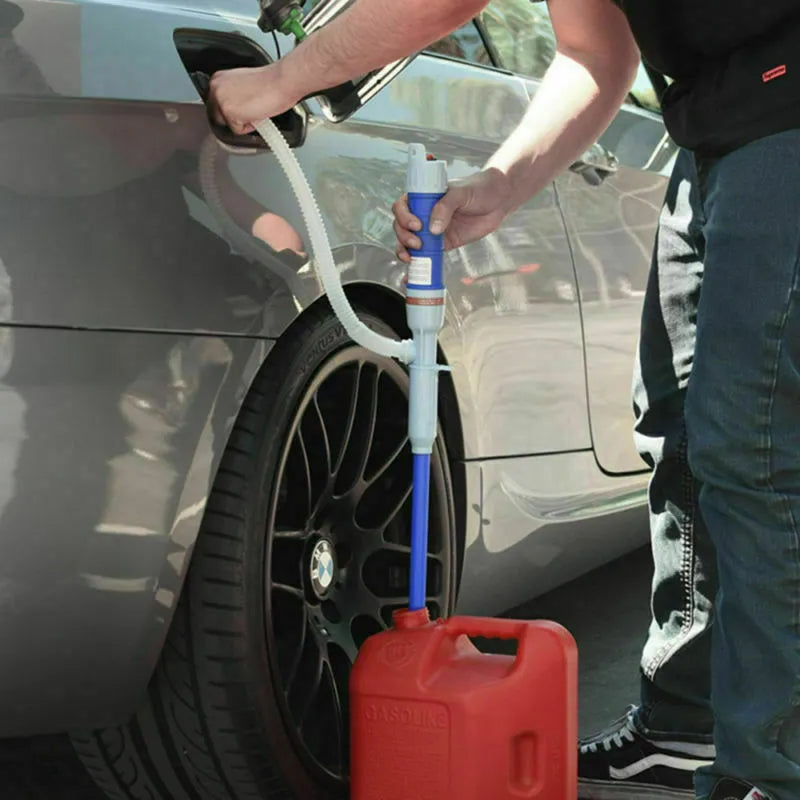 Manual hand siphon pump for fuel and liquid transfer in red or blue colour.