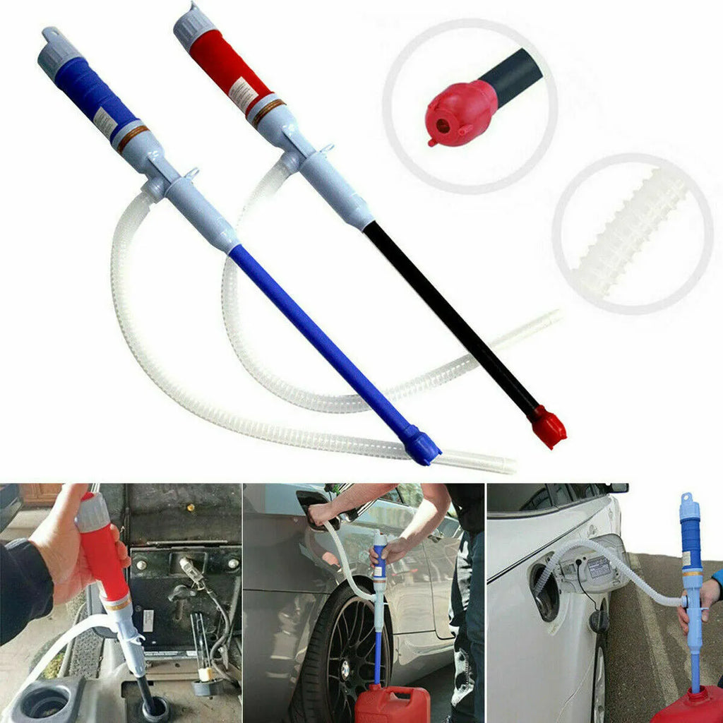 Manual hand siphon pump for fuel and liquid transfer in red or blue colour.