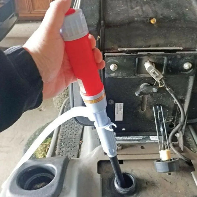 Manual hand siphon pump for fuel and liquid transfer in red or blue colour.