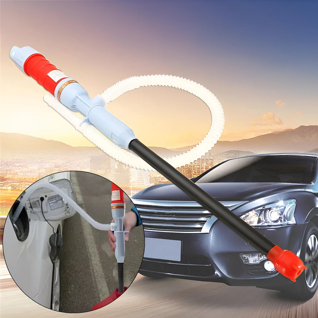 Manual hand siphon pump for fuel and liquid transfer in red or blue colour.