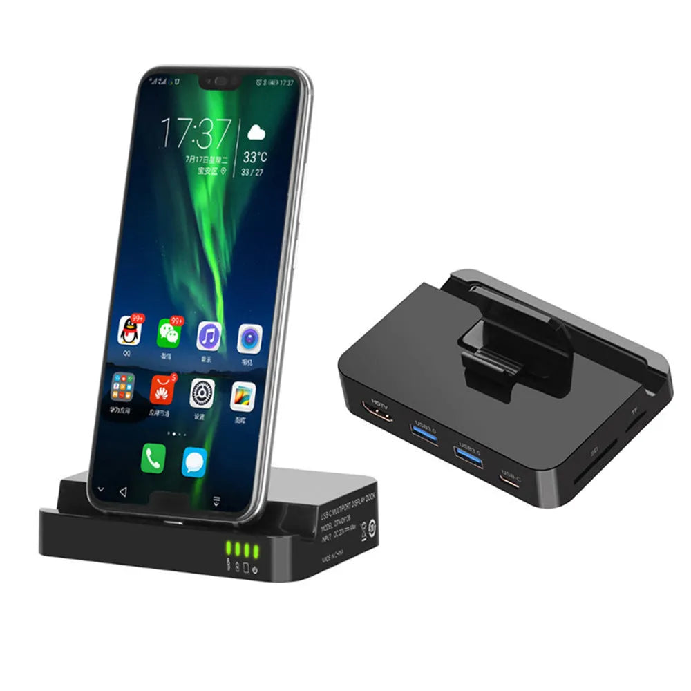 Black mobile phone to HD converter dock with USB-C input and HDMI output port