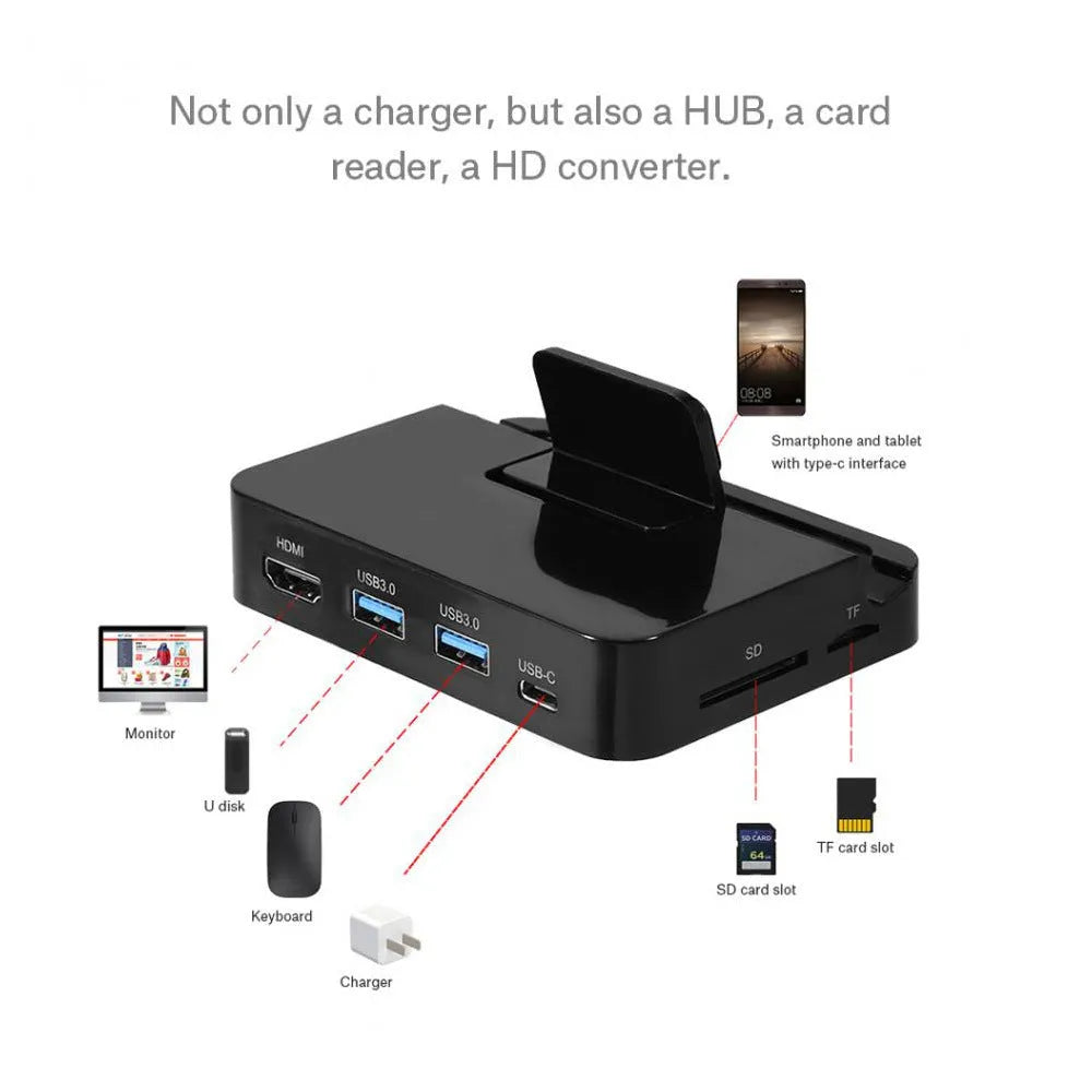 Black mobile phone to HD converter dock with USB-C input and HDMI output port