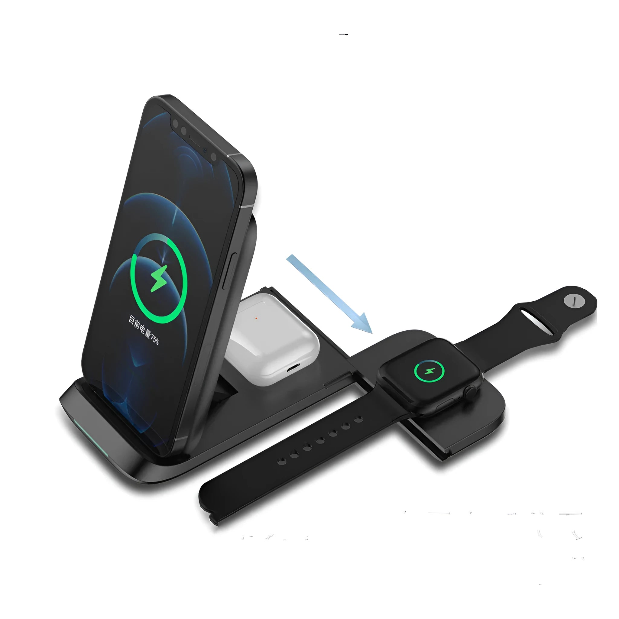 Foldable three-in-one wireless charger showing multiple charging surfaces