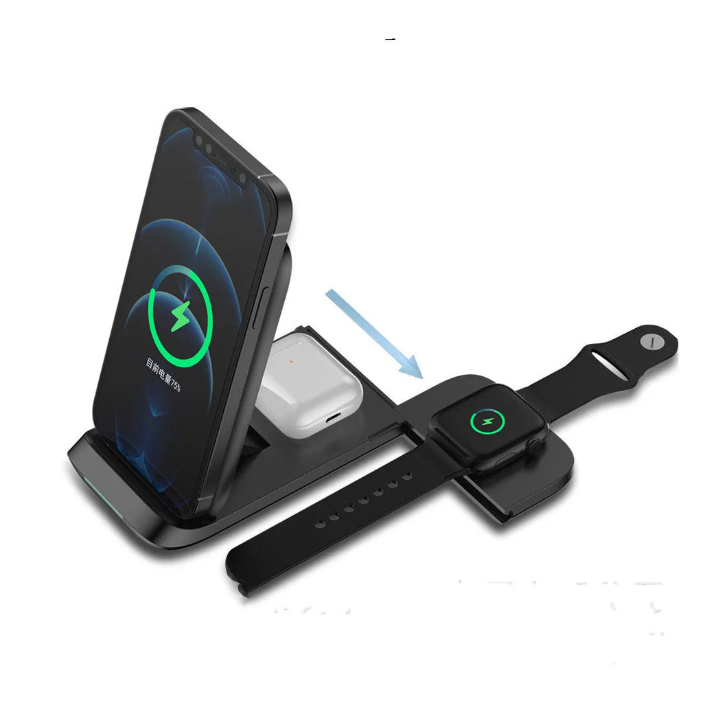 Foldable three-in-one wireless charger showing multiple charging surfaces
