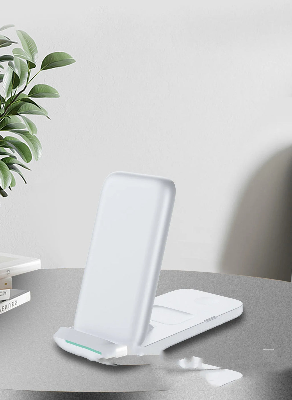 Foldable three-in-one wireless charger showing multiple charging surfaces