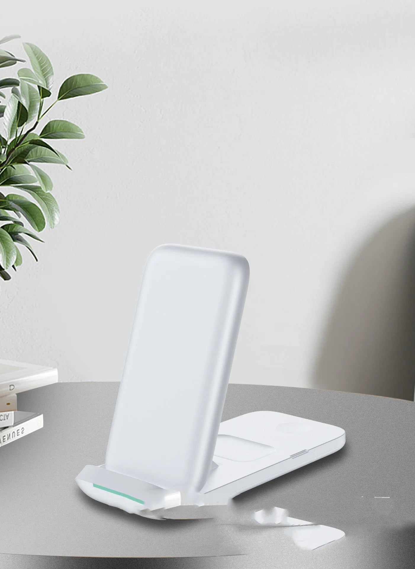 Foldable three-in-one wireless charger showing multiple charging surfaces