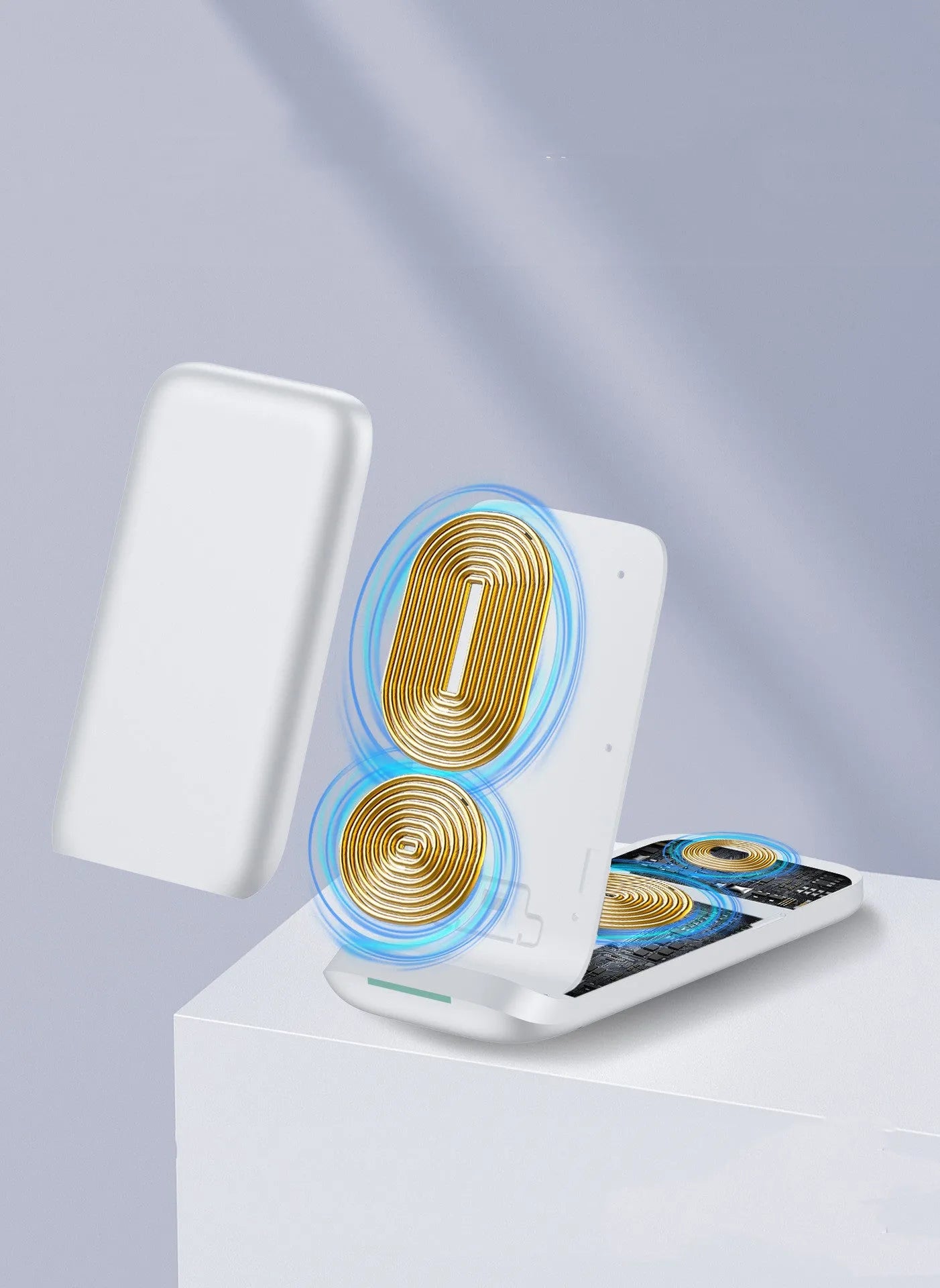 Foldable three-in-one wireless charger showing multiple charging surfaces