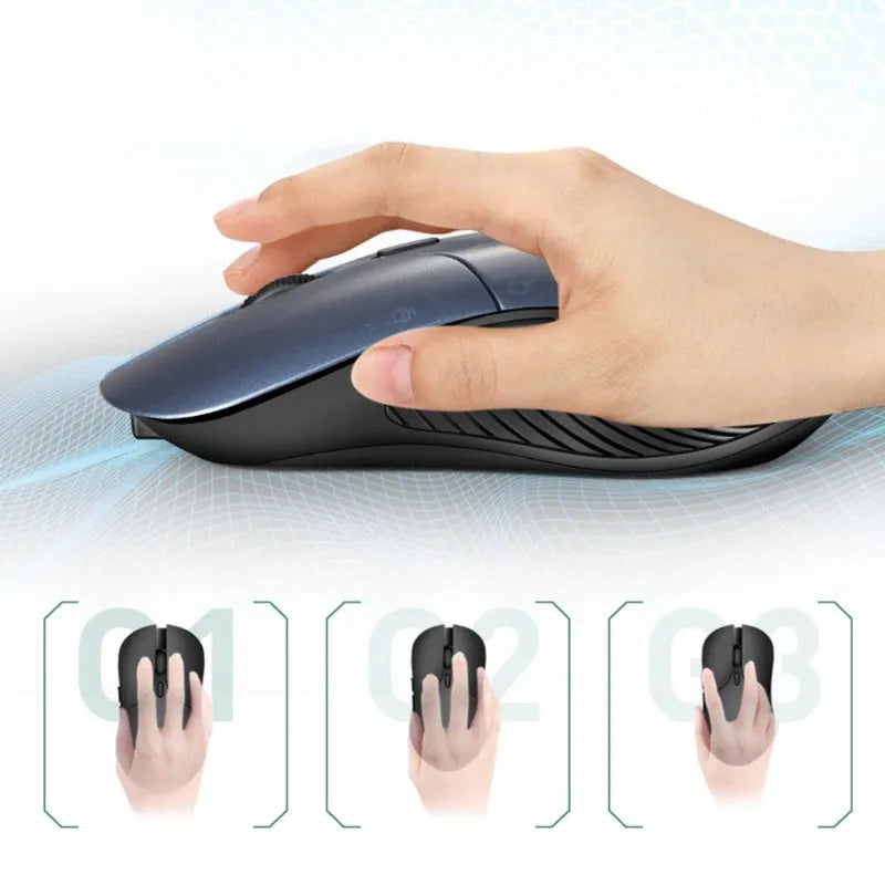 Blue Smart Voice Mouse with voice control button and 2.4G USB receiver on a desk.