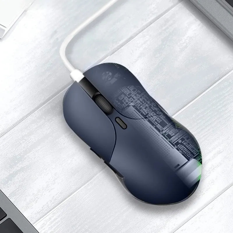 Blue Smart Voice Mouse with voice control button and 2.4G USB receiver on a desk.