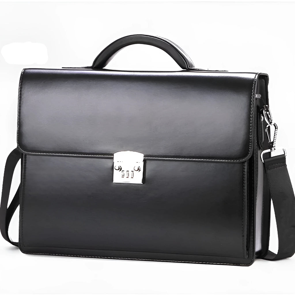 Black and brown men's PU leather business briefcase showing zipper opening and detachable handle.
