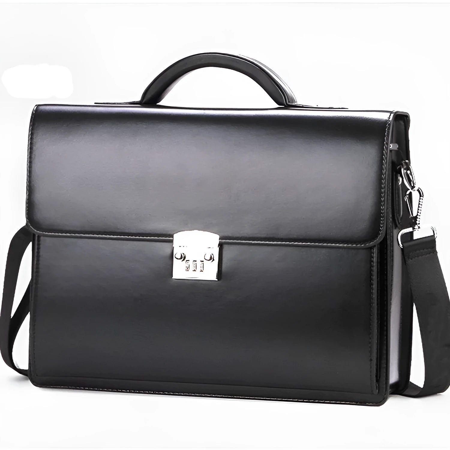 Black and brown men's PU leather business briefcase showing zipper opening and detachable handle.