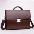 Black and brown men's PU leather business briefcase showing zipper opening and detachable handle.