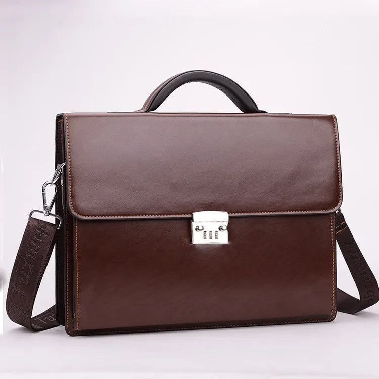 Black and brown men's PU leather business briefcase showing zipper opening and detachable handle.