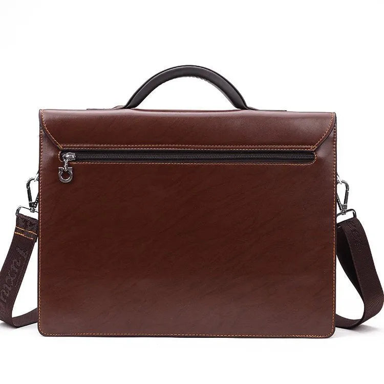 Black and brown men's PU leather business briefcase showing zipper opening and detachable handle.
