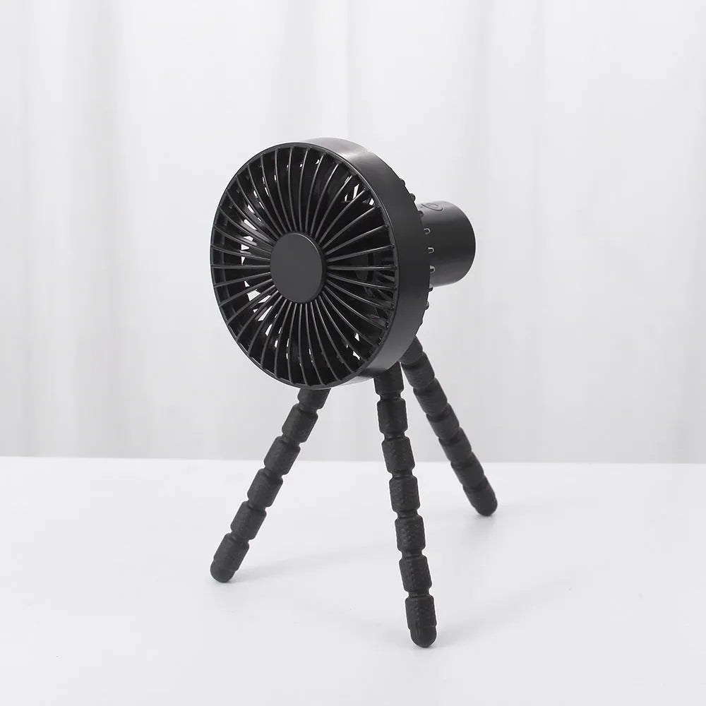 USB rechargeable desk fan with bendable neck on an adjustable octopus tripod stand.