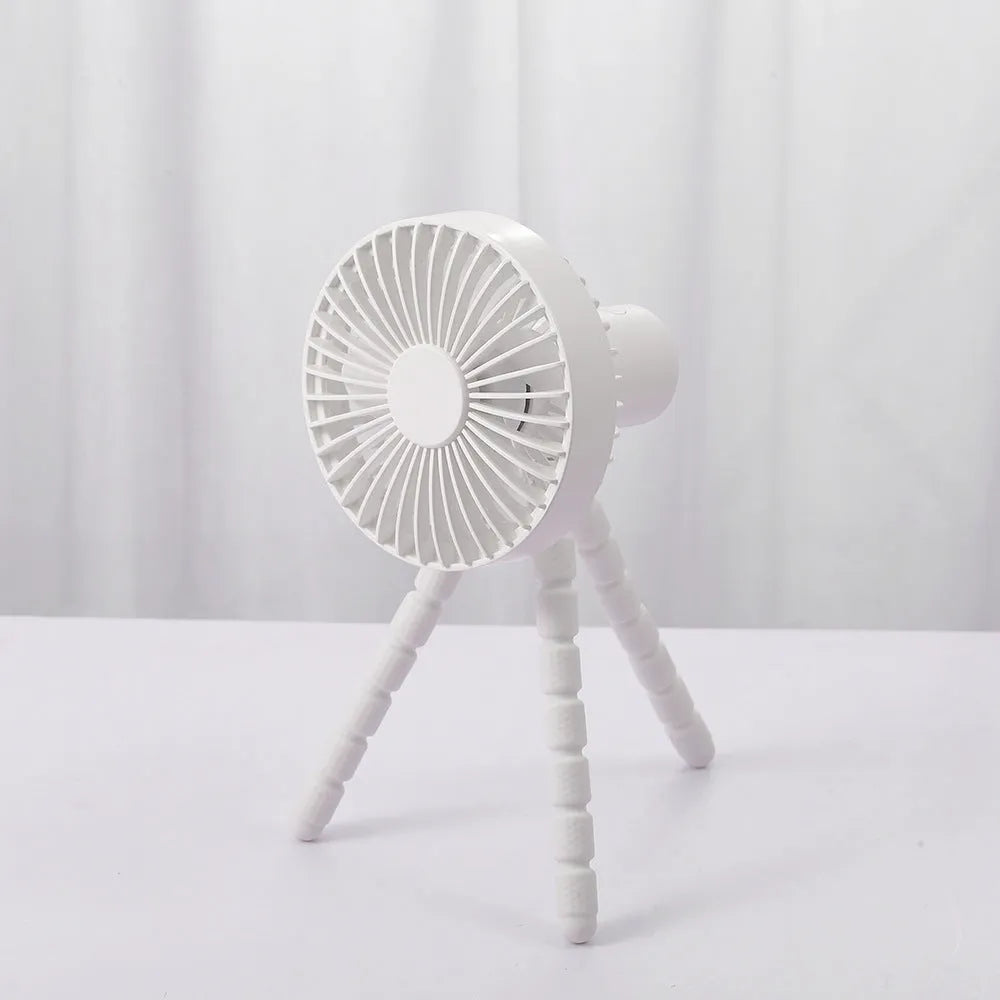 USB rechargeable desk fan with bendable neck on an adjustable octopus tripod stand.