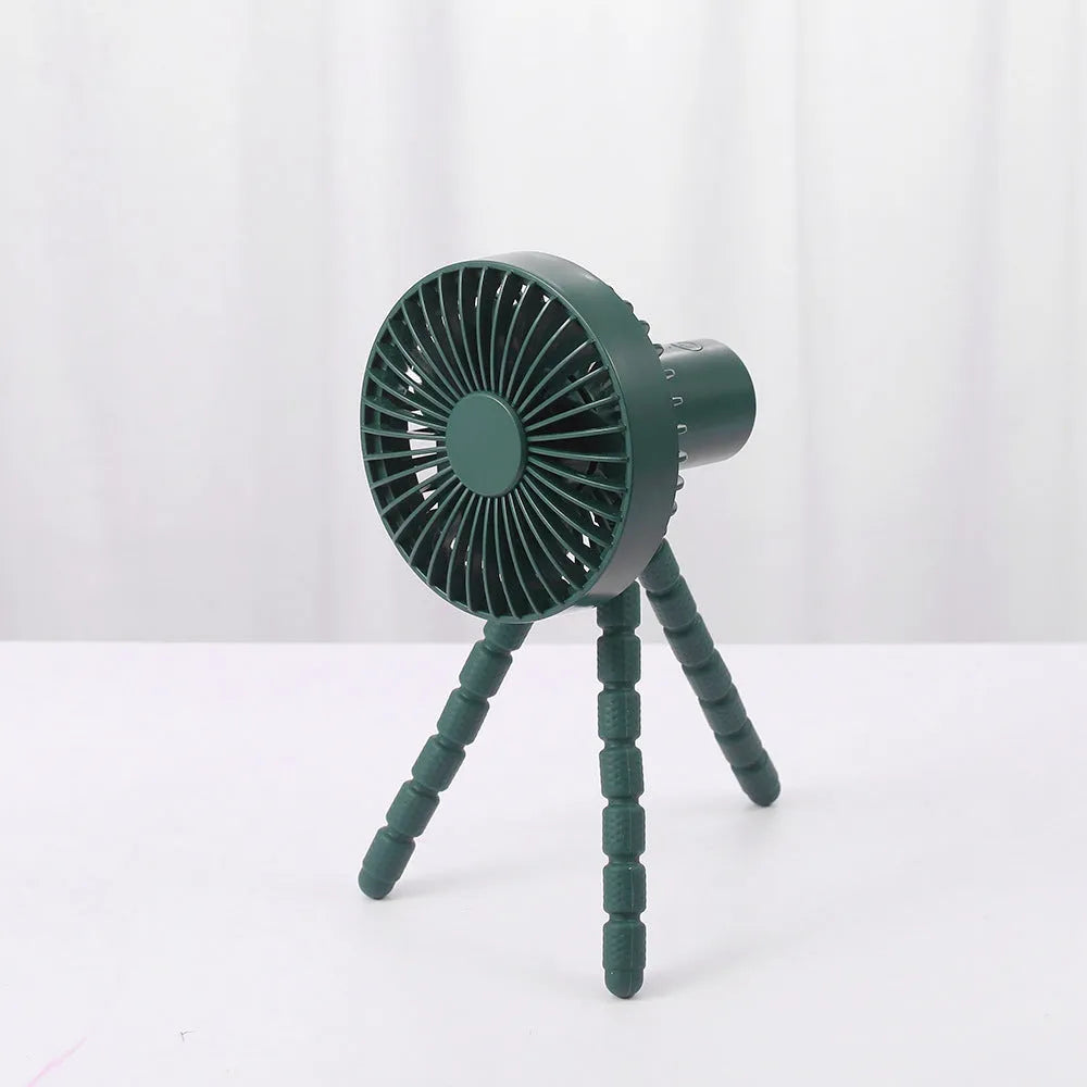USB rechargeable desk fan with bendable neck on an adjustable octopus tripod stand.