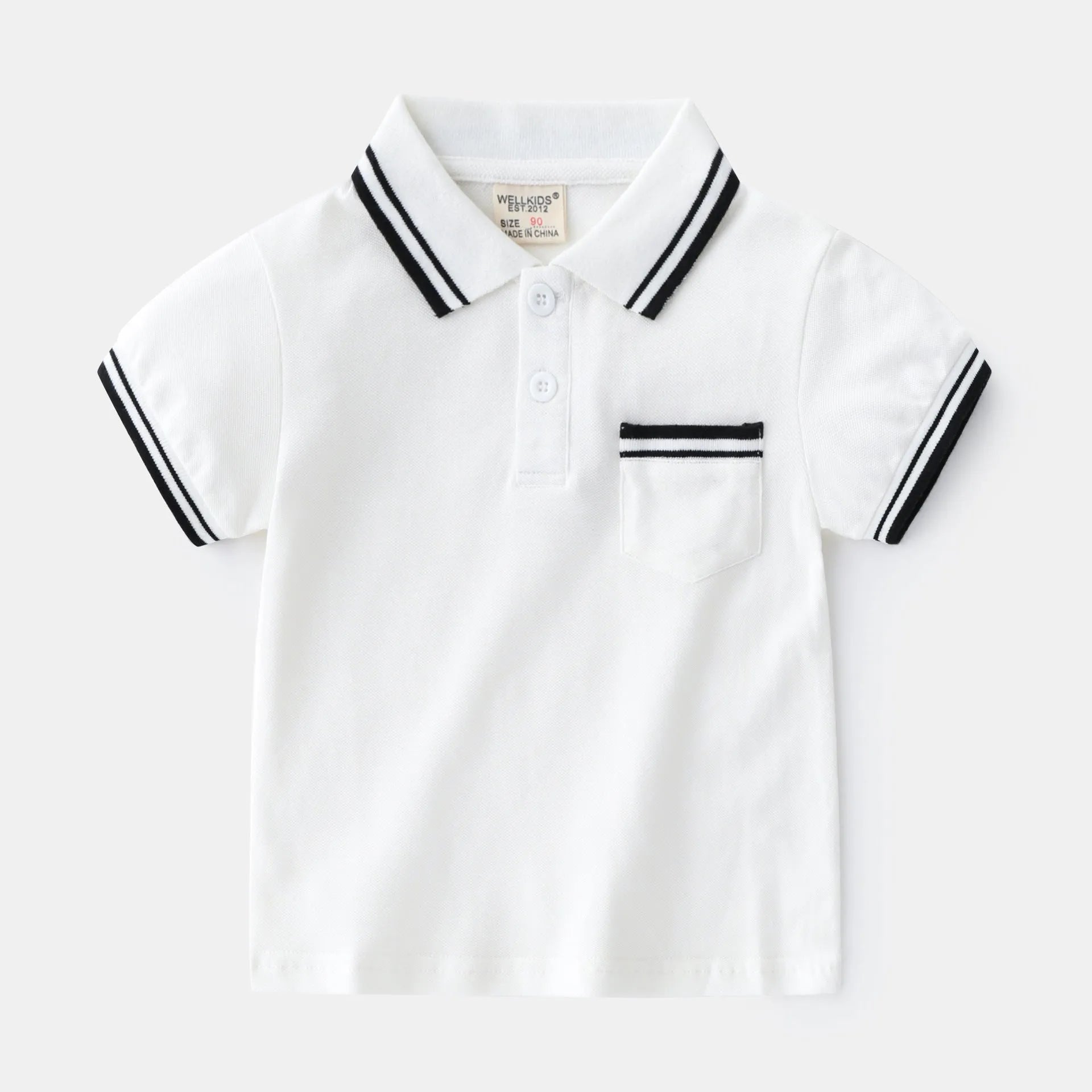 Boys' white and black cotton polo shirt short sleeve summer t-shirt for children