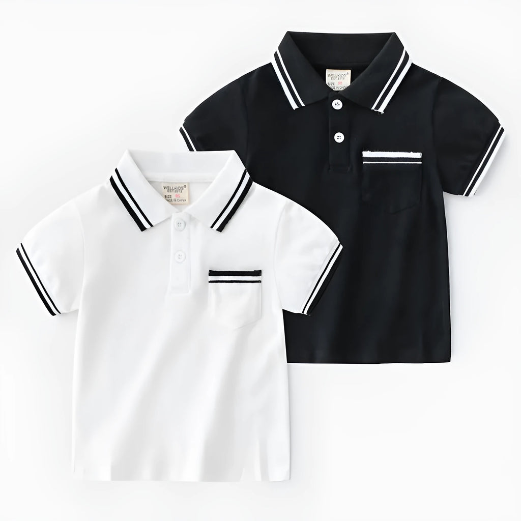 Boys' white and black cotton polo shirt short sleeve summer t-shirt for children