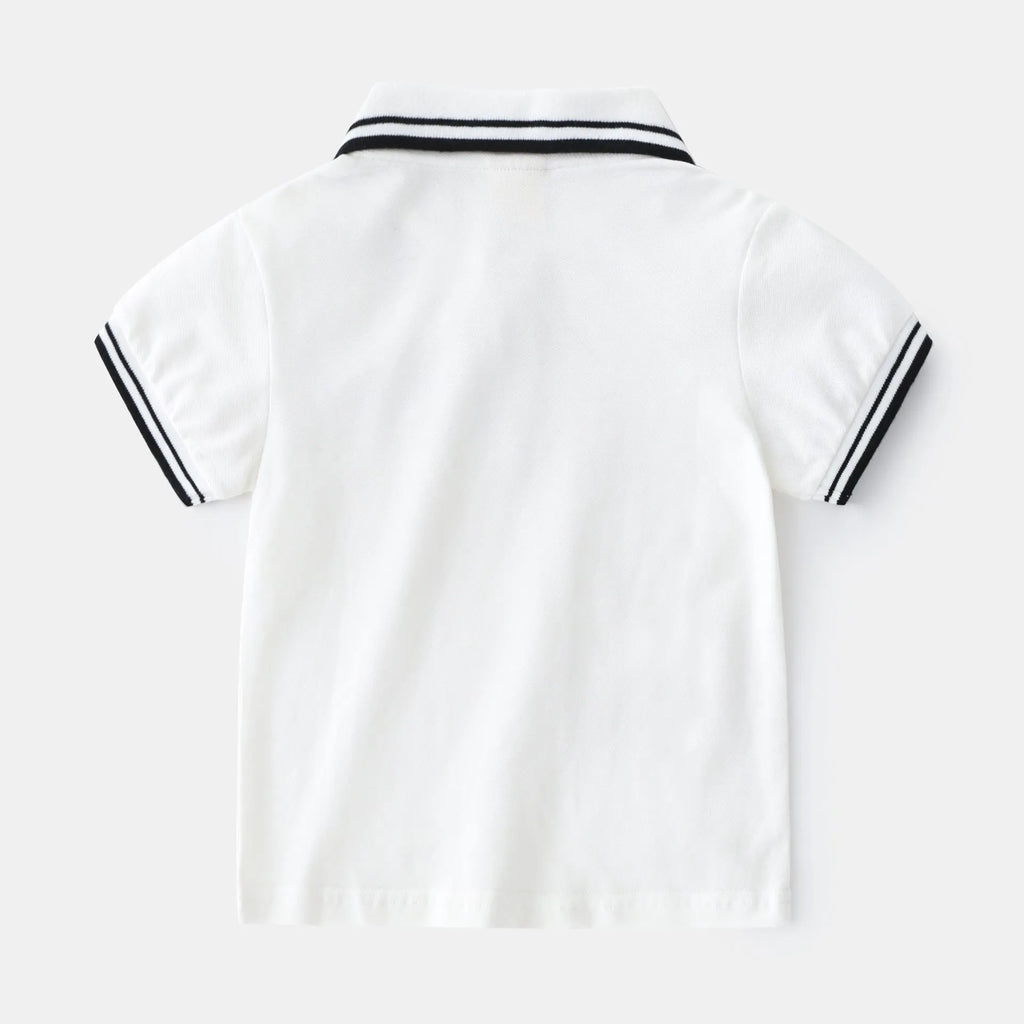 Boys' white and black cotton polo shirt short sleeve summer t-shirt for children