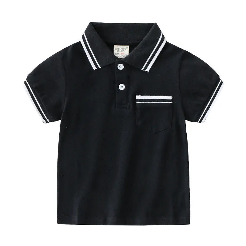 Boys' white and black cotton polo shirt short sleeve summer t-shirt for children