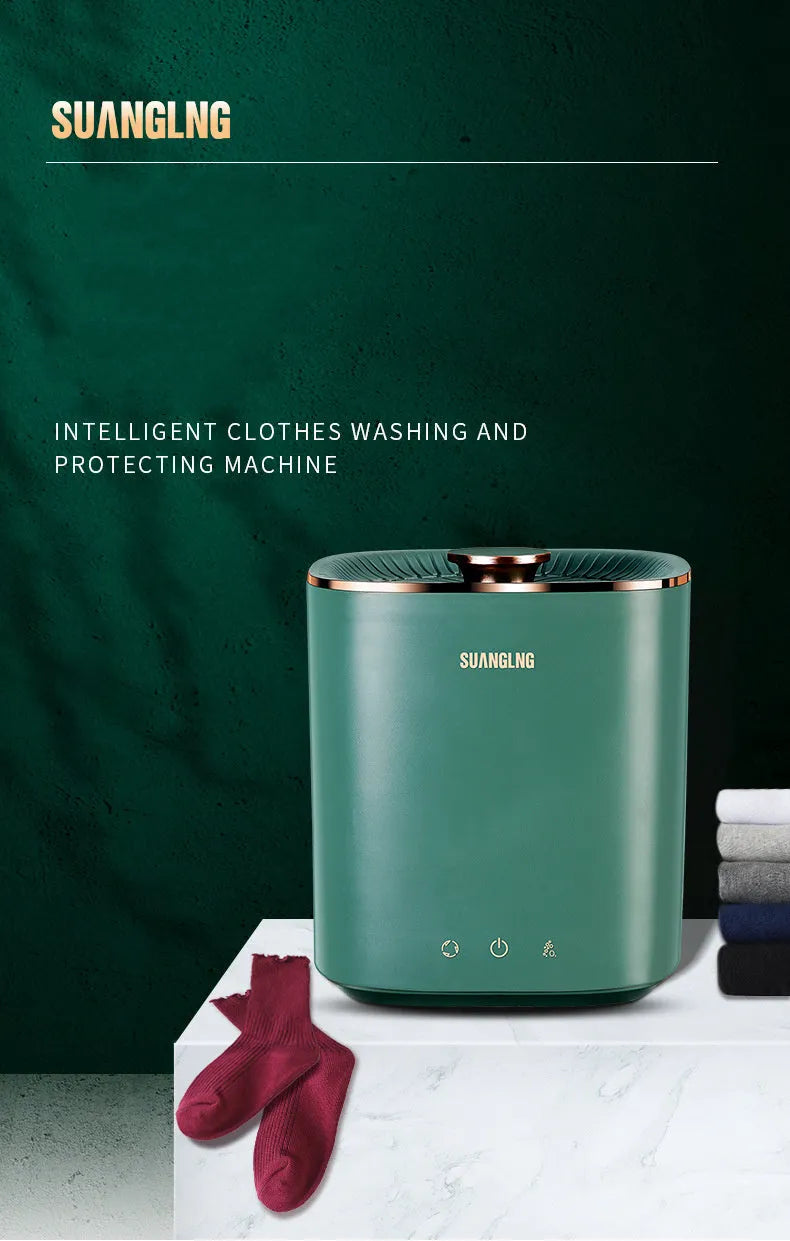Green and white mini portable washing machine for underwear and socks on a countertop.