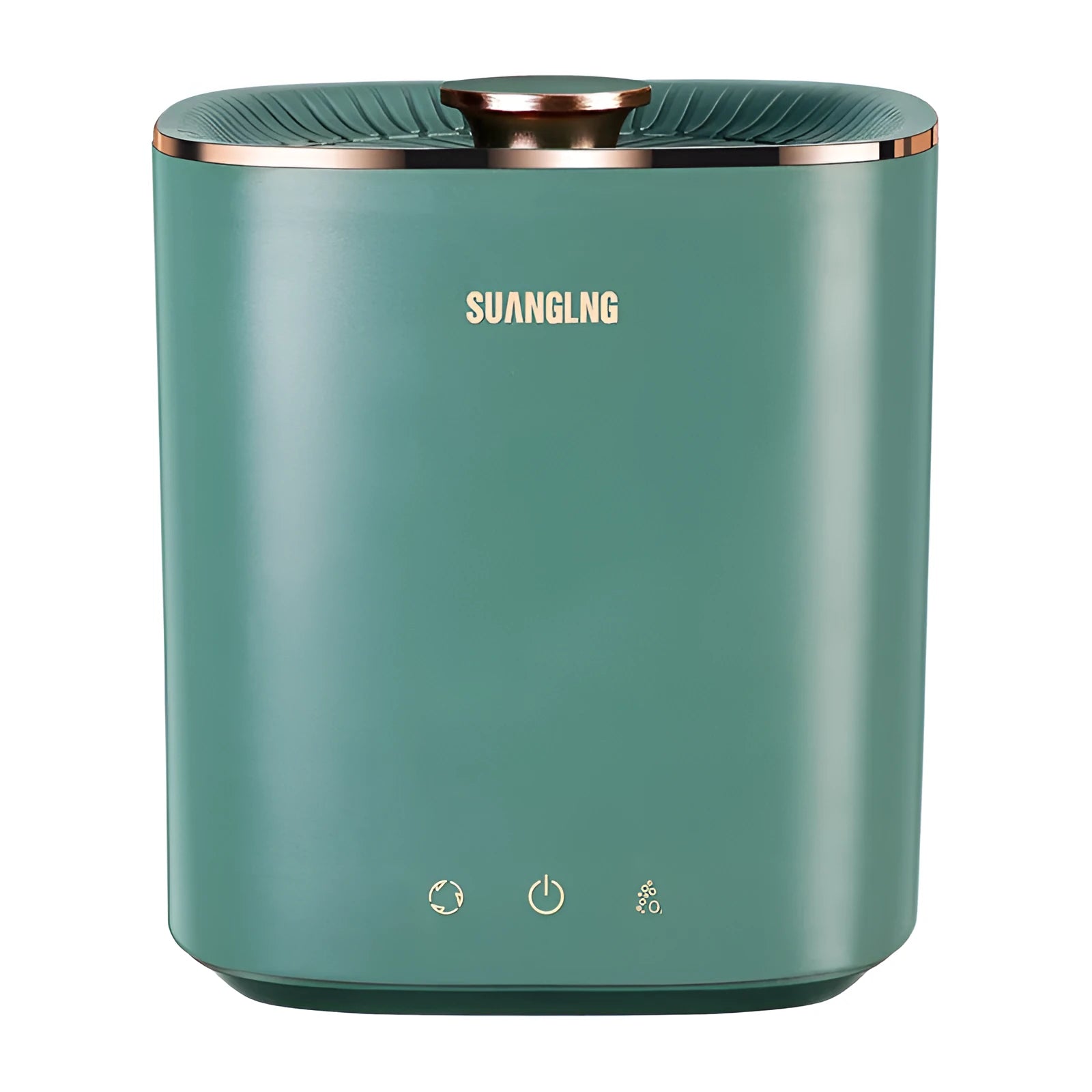 Green and white mini portable washing machine for underwear and socks on a countertop.