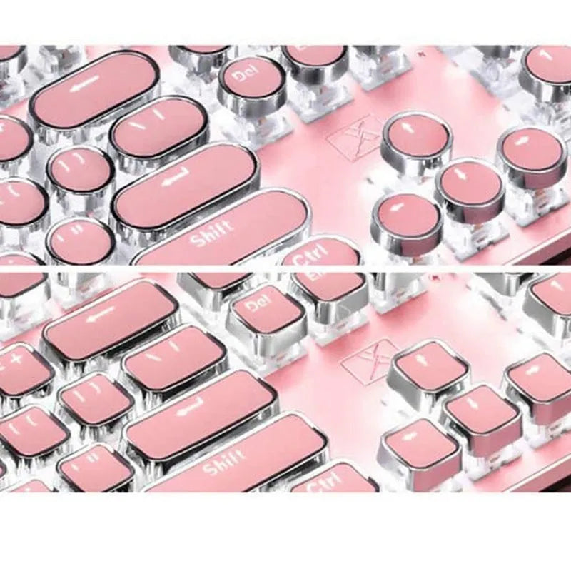 Queen Lipstick mechanical keyboard with pink keys on silver frame showing white backlighting