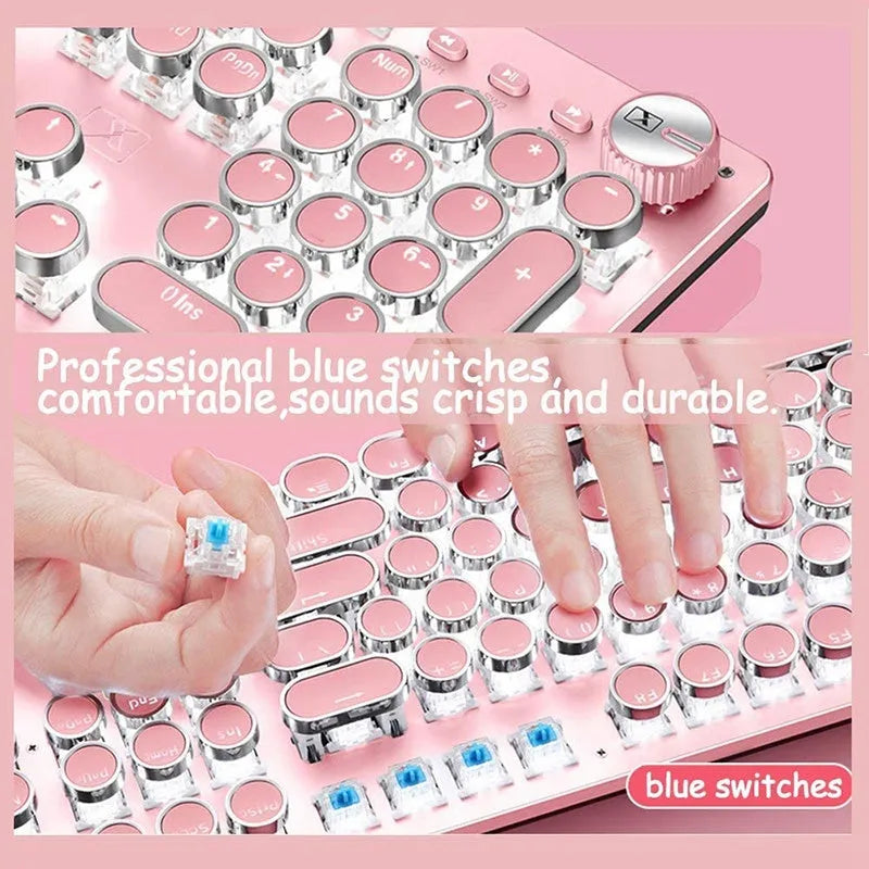 Queen Lipstick mechanical keyboard with pink keys on silver frame showing white backlighting