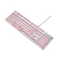 Queen Lipstick mechanical keyboard with pink keys on silver frame showing white backlighting