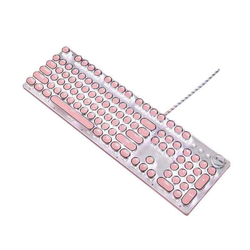 Queen Lipstick mechanical keyboard with pink keys on silver frame showing white backlighting