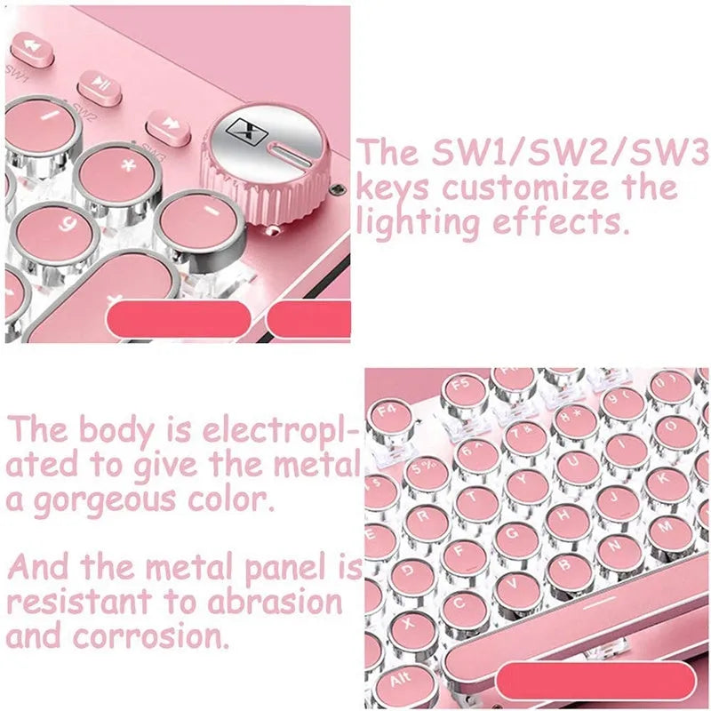 Queen Lipstick mechanical keyboard with pink keys on silver frame showing white backlighting