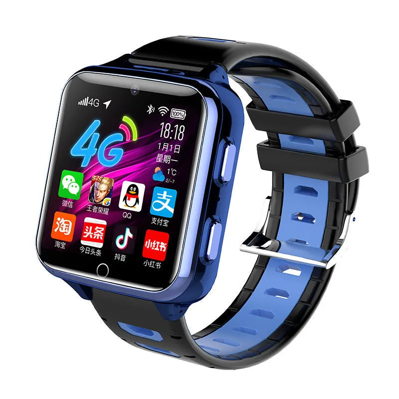 Children's smart watch with sports silicone wristband showing touch screen and camera on black, blue and pink colour options