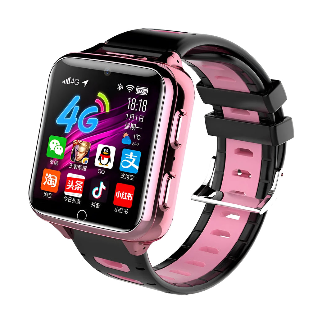 Children's smart watch with sports silicone wristband showing touch screen and camera on black, blue and pink colour options