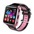 Children's smart watch with sports silicone wristband showing touch screen and camera on black, blue and pink colour options