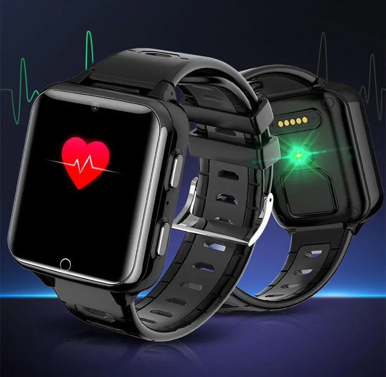 Children's smart watch with sports silicone wristband showing touch screen and camera on black, blue and pink colour options