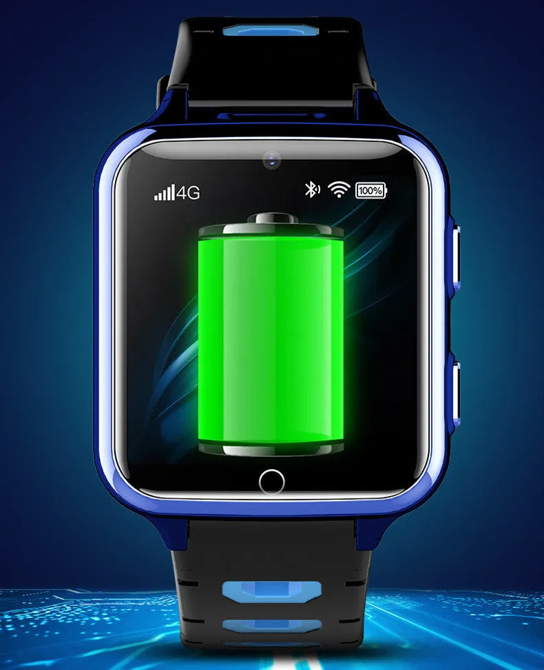 Children's smart watch with sports silicone wristband showing touch screen and camera on black, blue and pink colour options