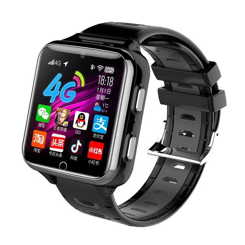 Children's smart watch with sports silicone wristband showing touch screen and camera on black, blue and pink colour options