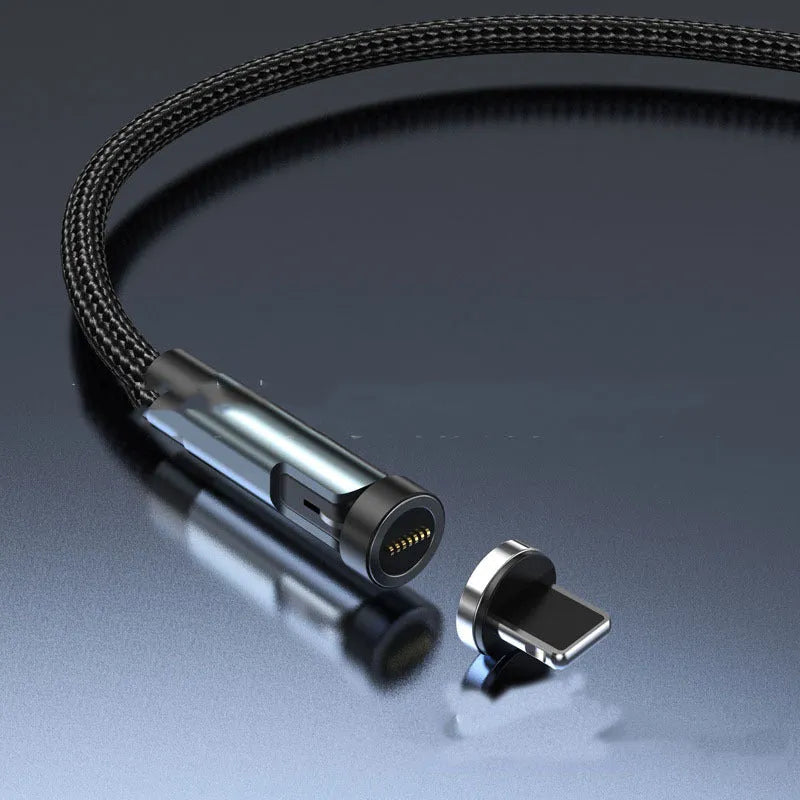 Black rotating magnetic charging cable with interchangeable Android, Apple, and USB-C connector heads