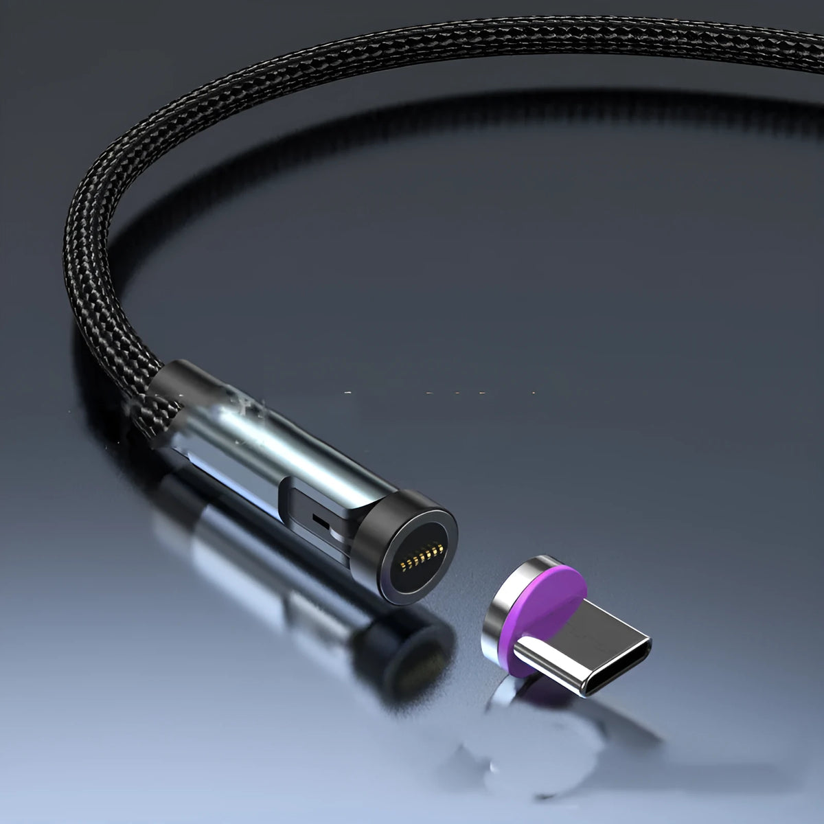 Black rotating magnetic charging cable with interchangeable Android, Apple, and USB-C connector heads