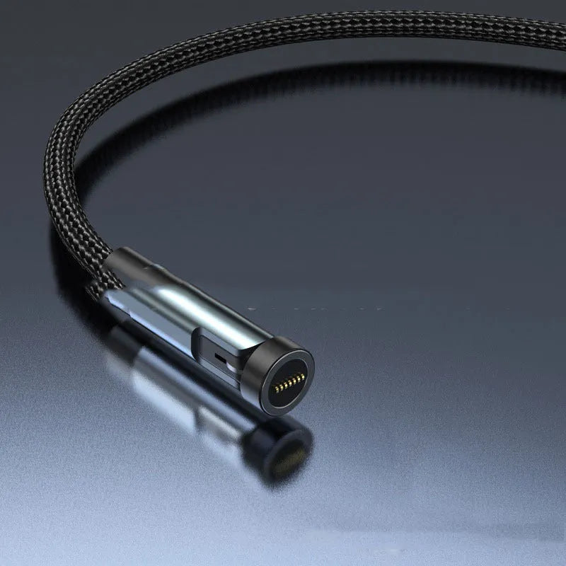Black rotating magnetic charging cable with interchangeable Android, Apple, and USB-C connector heads