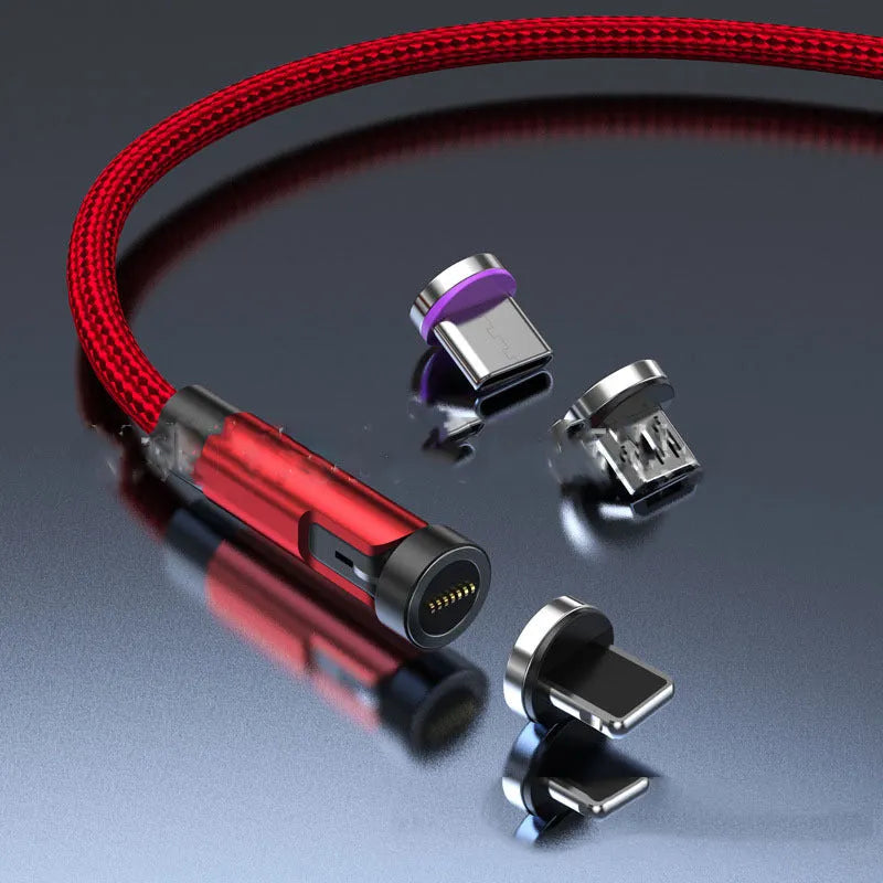 Black rotating magnetic charging cable with interchangeable Android, Apple, and USB-C connector heads