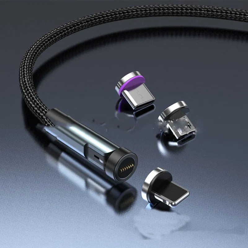 Black rotating magnetic charging cable with interchangeable Android, Apple, and USB-C connector heads
