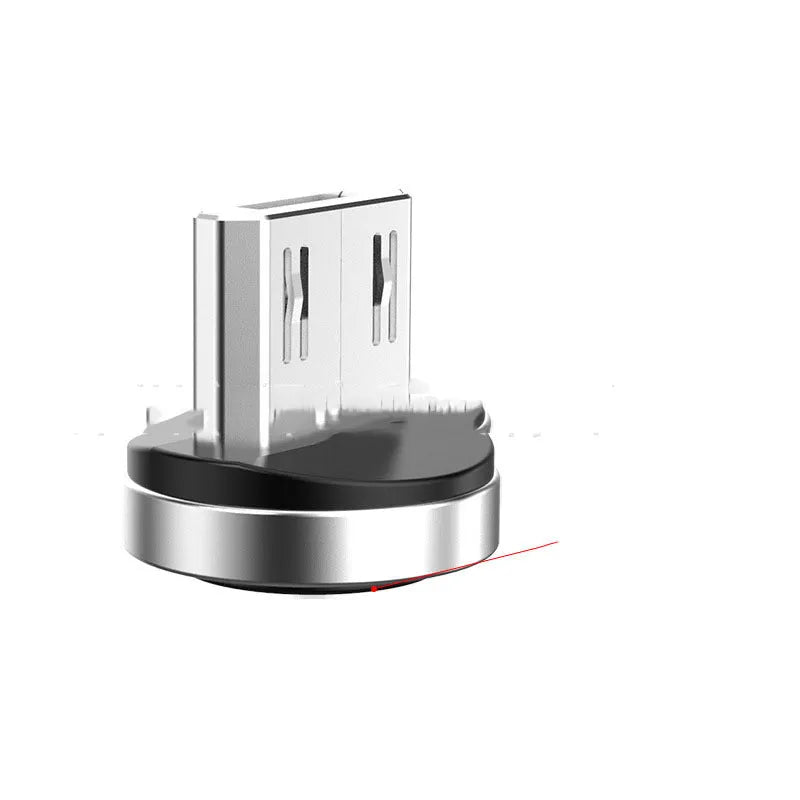 Black rotating magnetic charging cable with interchangeable Android, Apple, and USB-C connector heads
