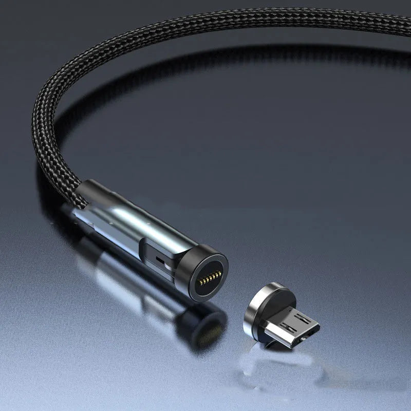 Black rotating magnetic charging cable with interchangeable Android, Apple, and USB-C connector heads