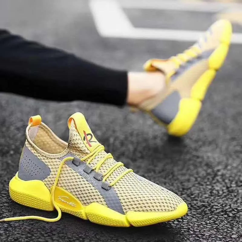 Men's breathable lace-up casual sports shoes, low heel 1-3cm, available in white, yellow, black, sizes 39-44